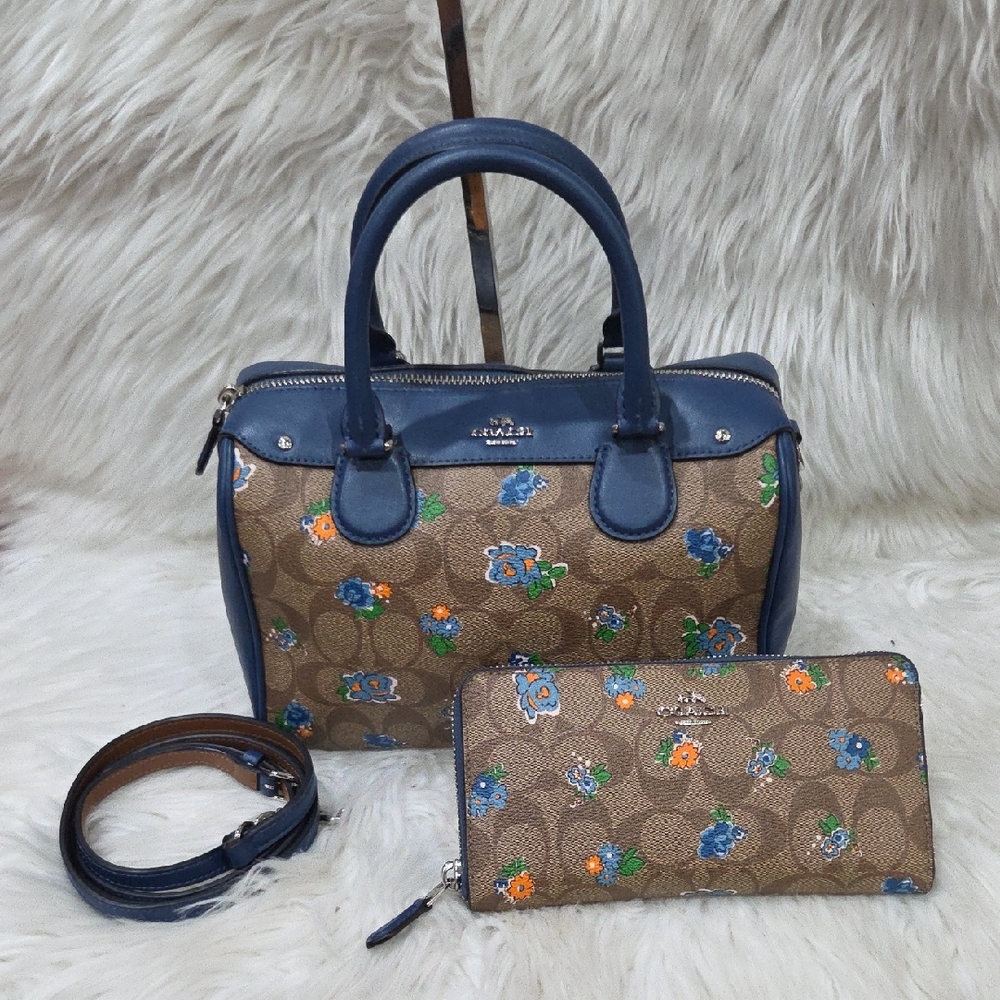 💙🔹️Coach 🔹️Mini Bennett Floral Logo Printed coated Canvas Satchel Wallet Set - Picture 3 of 13